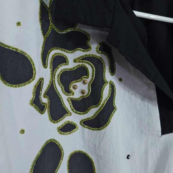 Vintage 80s Top Teddi Sport Womens 10 Black White Blouson Retro Floral D… - Picture 6 of 11